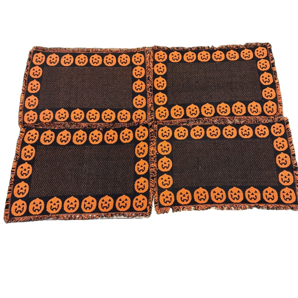 VTG Halloween Decor Woven Tapestry Placemats (4) 1990s Y2K Pumpkin Orange Black